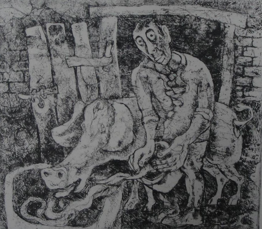 Kunstwerk Boer met varken door Hutschemakers, Sjef